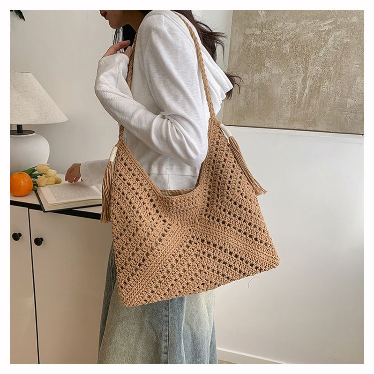 Borsa di paglia Borsa intrecciata Borsa intrecciata di grande capacità Borsa di paglia con frange da donna Borsa da spiaggia per vacanze al mare Borsa a tracolla casual da ascella_voghion.com