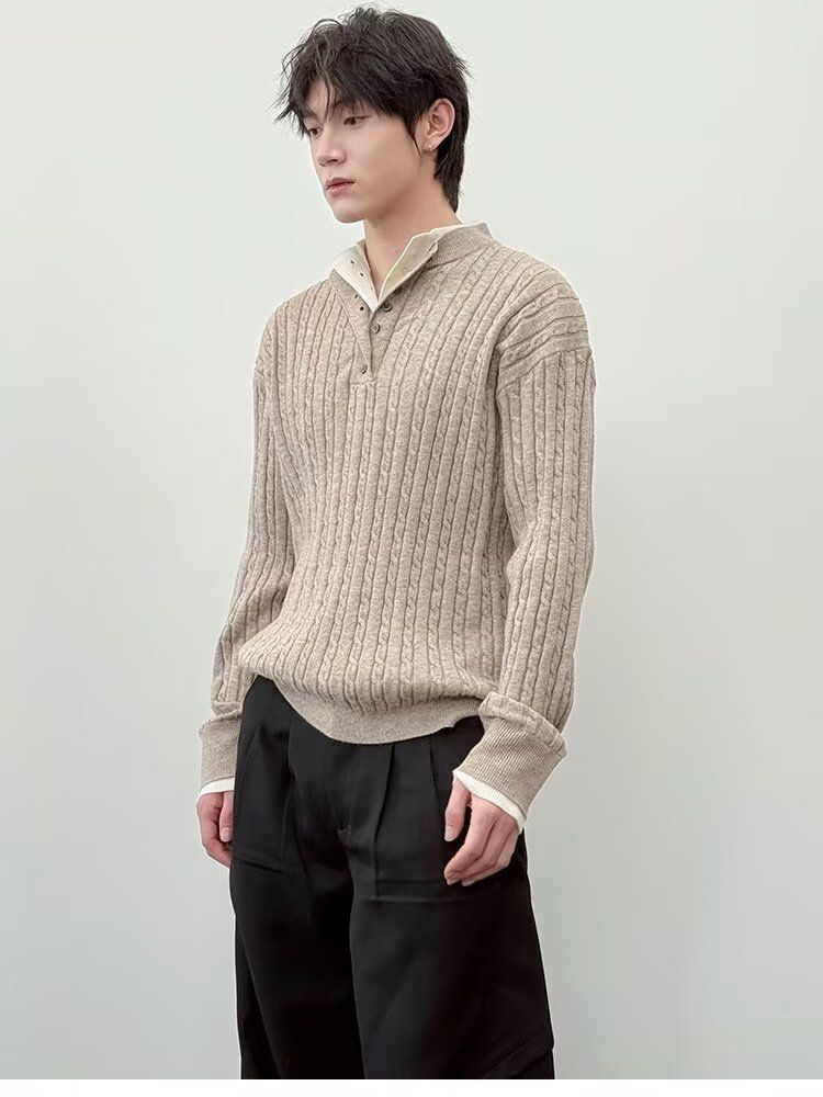 Strickpullover mit Henley-Kragen im Vintage-Stil – Lässiger Polyesterpullover für Herren, Freizeitkleidung für Herbst und Winter_voghion.com