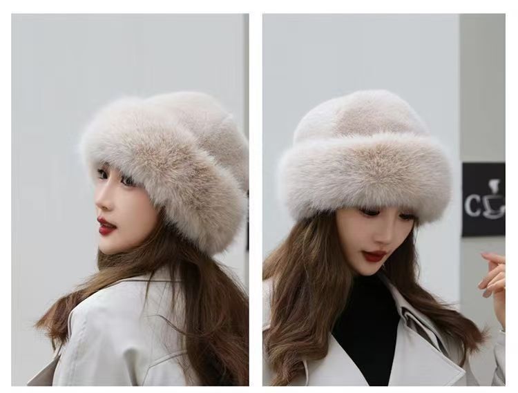 Plüschiger mongolischer Damen-Sonnenhut, kältebeständig, warm, einfarbig, weiß, mit Ohrenschutz, aus Fuchsfell_voghion.com