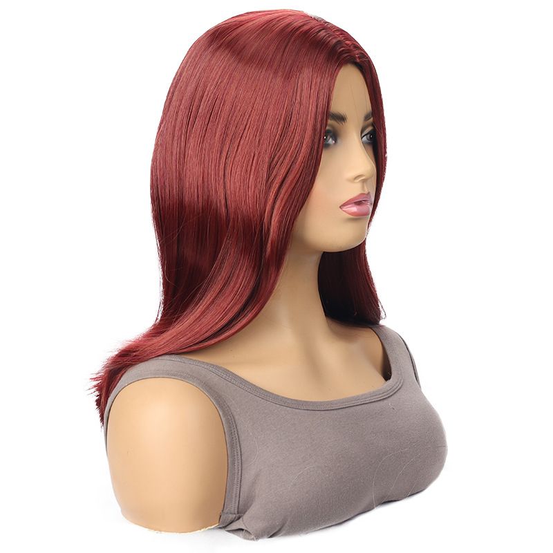Synthetic Clip-in Women's Wine Red Middle Parted Long Straight Hair Wig Headpiece_voghion.com