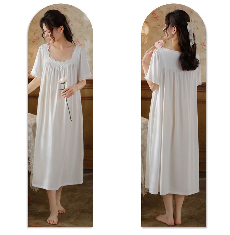 Camicia da notte a maniche corte da donna, estiva, in cotone, stile palazzo, elegante, in pizzo, da principessa, ampia, morbida, capispalla, abbigliamento per la casa_voghion.com