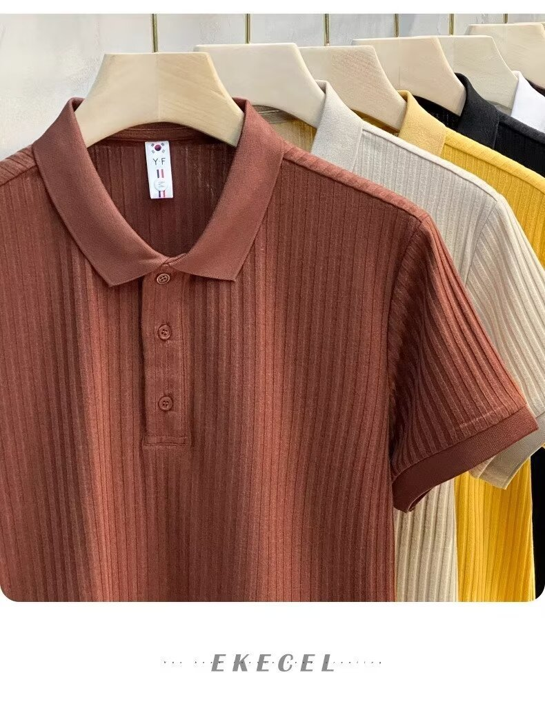 Herrkläder Business pikétröja Pit Stripe Mercerized pikétröja Kortärmad sommartopp Lapel Herr T_voghion.com
