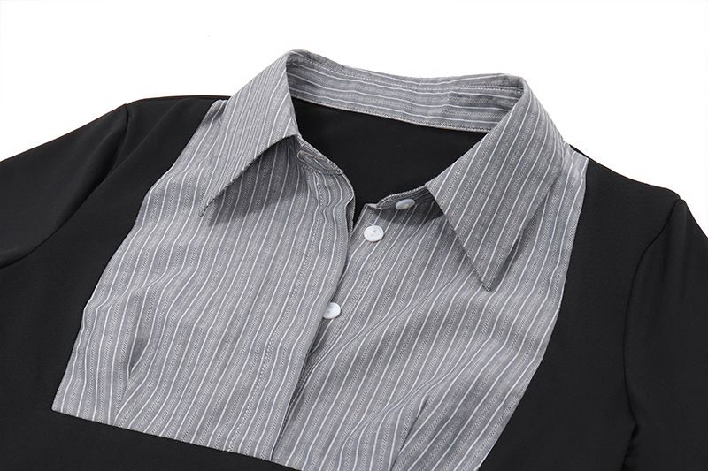 Women's Fashion Color Block Striped Polo Collar Long Sleeve Top – Retro Chic Slim Fit Blouse For Stylish Outfits_voghion.com