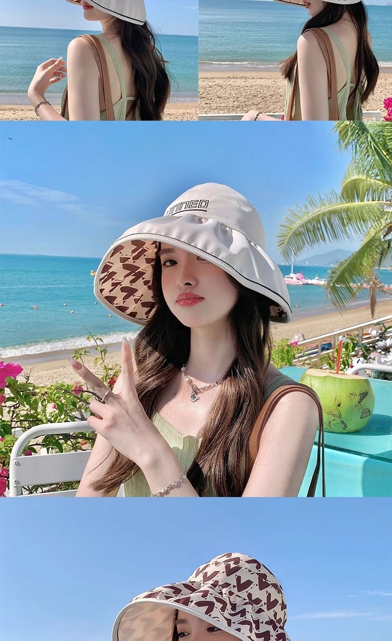 Cappello da sole pieghevole con protezione solare, con parte superiore vuota, da donna, estivo, per vacanze al mare, da annodare a coda di cavallo_voghion.com