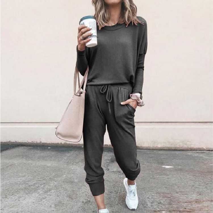 Solid Color Loose Casual Suit For Women Spring And Autumn New Round Neck Long Sleeved Harem Pants Two-Piece Set_voghion.com