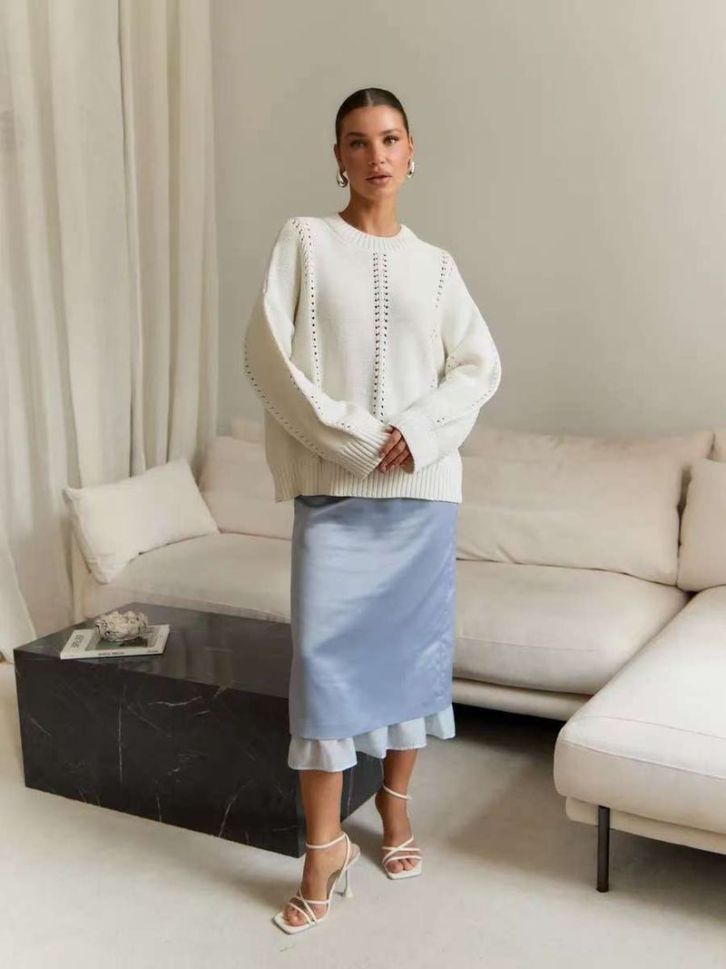 Breathable Knit Sweater Women's Oversized Loose Fit Round Neck Lace Crochet Pullover Top - Soft Acrylic Polyester Blend Yarn_voghion.com