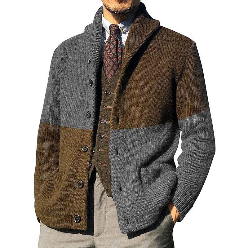 Leichter Cardigan-Pullover im Color-Block-Design für Herren – Slim Fit, Langarm, offene Vorderseite, Strickmode für die Freizeit und das Büro (Grau/Braun/Schwarz/Armeegrün_voghion.com