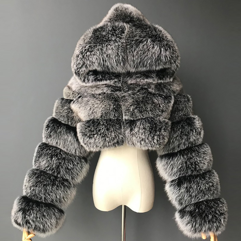Lös tjock päls Plyschjacka Kvinnor Flickor Mode Vinter Fuskpäls Beskuren kappa Fluffig Zip Huva Varm Kort jacka_voghion.com