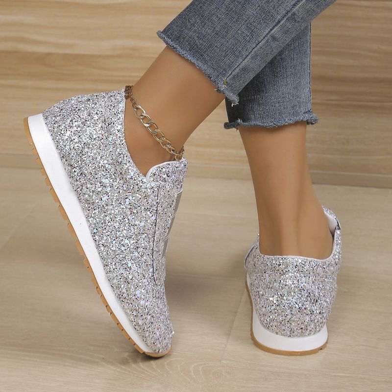 Women's single shoes sequin rhinestones elastic casual single shoes thick soled round head single shoes_voghion.com