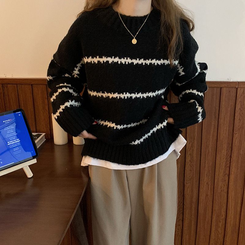 Japanese Retro Striped Knit Sweater Women's Loose Fit Long Sleeve Turtleneck Pullover - Soft Comfortable Chunky Knit Casual Top_voghion.com