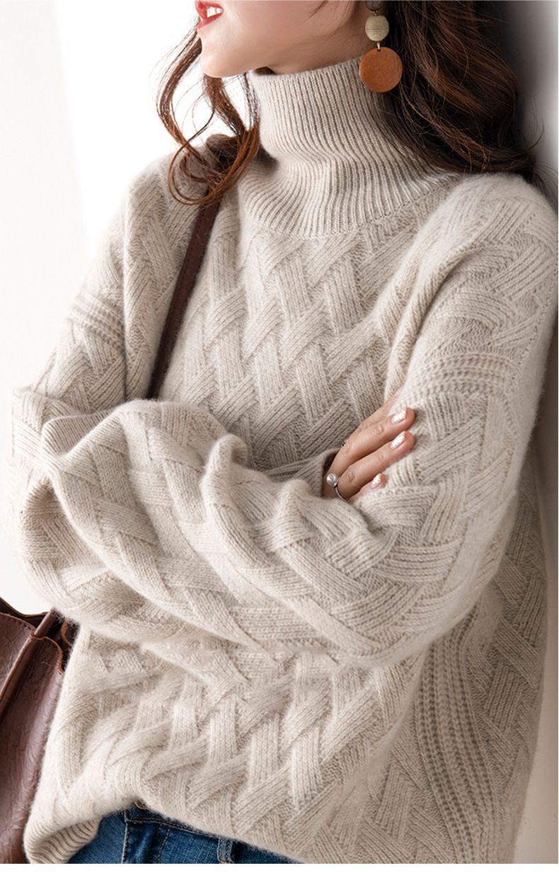 Rollkragenpullover für Mädchen, Damen, Herbst- und Wintermodell, lockerer, dicker Pullover, kurzer Pullover mit Umlegekragen, gestrickt_voghion.com