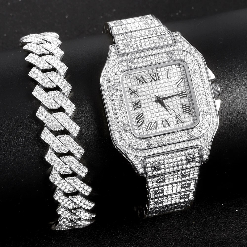 Relógio dourado cor hip hop miami curb corrente cubana gelo pavimentado strass bling rapper colar + relógio + pulseira joias_voghion.com