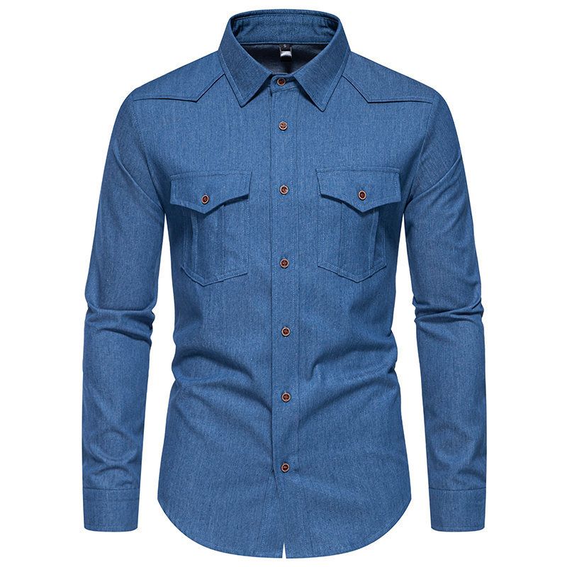 Jesensko/zimska nova moška jeans srajca z dolgimi rokavi in dvojnim žepom, evropska velikost, z reverjem_voghion.com