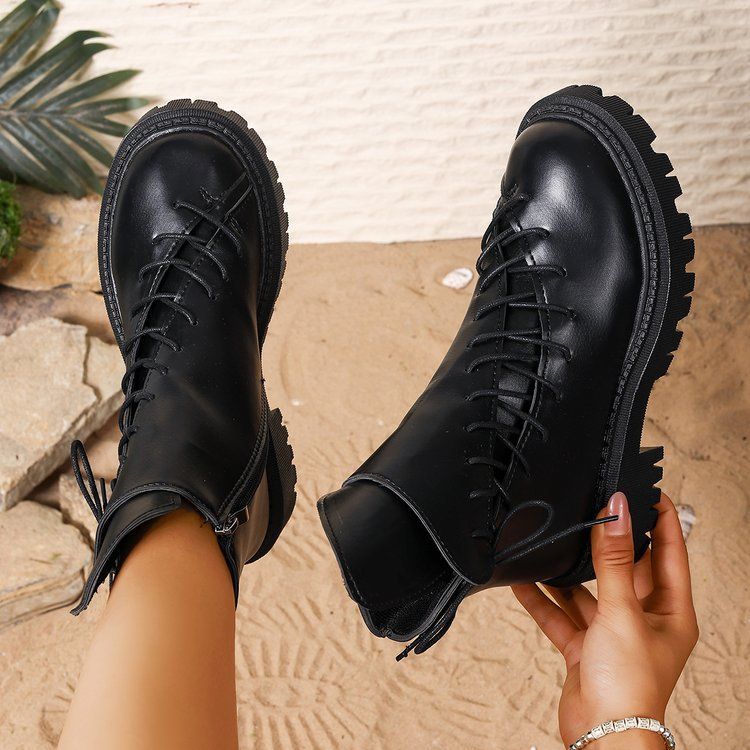 Women's Fashion Chunky Sole Martin Boots - Round Toe Lace-Up Ankle Boots With PU Leather Upper, Breathable & Lightweight For Spring & Autumn_voghion.com