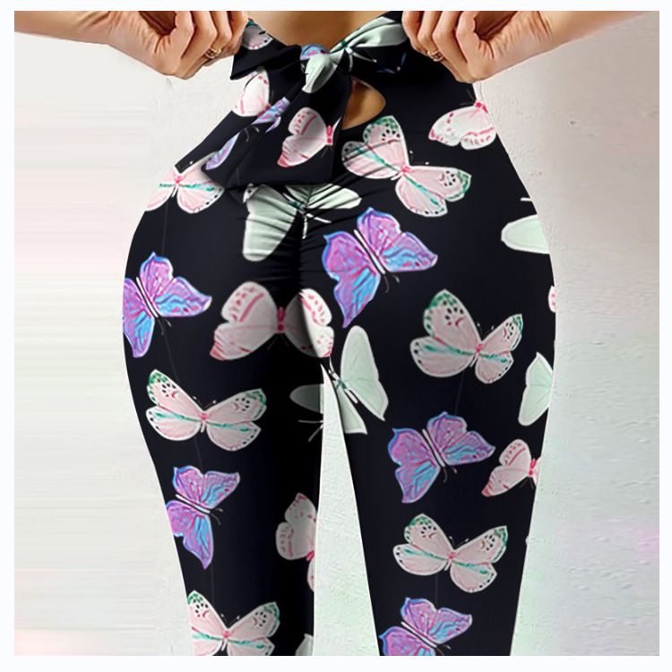 Pantaloni da yoga da yoga da donna con stampa multicolore antirughe sull'anca, dimagranti a vita alta, con fiocco elasticizzato_voghion.com