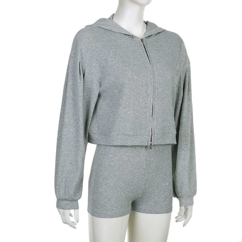 Women's Clothing Solid color knitted zipper hooded cardigan sweatshirt V neck triangle cup bra high waisted tight shorts casual three piece set_voghion.com