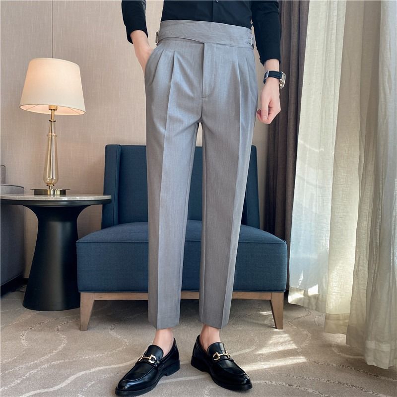 High quality Naples men's trousers spring and autumn casual business suit pants high waist slim cropped pants_voghion.com