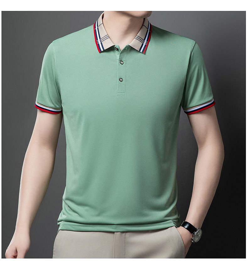 Herrkläder Sommar Herr Kortärmad pikétröja Business Casual Jacquard Lapel T-shirt Ice Silke Andas Casual All Match pikétröja_voghion.com