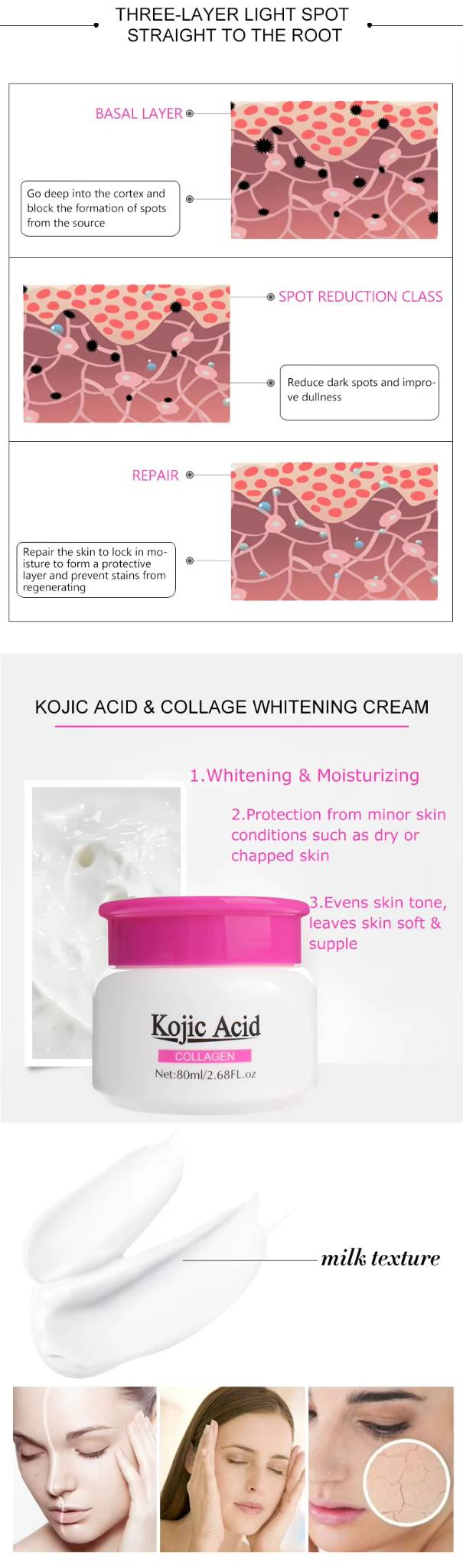 High Quality Whitening Collagen Kojic Acid Face Cream Skin Care Moisturizing Firming Cream 80ml_voghion.com
