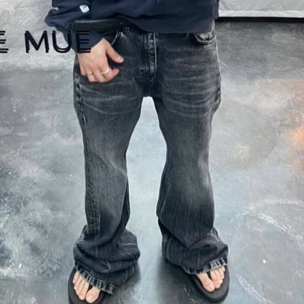 Herrenbekleidung verwaschene schwarze Schlagjeans für Männer High Street Vibe Style Loose Wide Leg Cleanfit_voghion.com