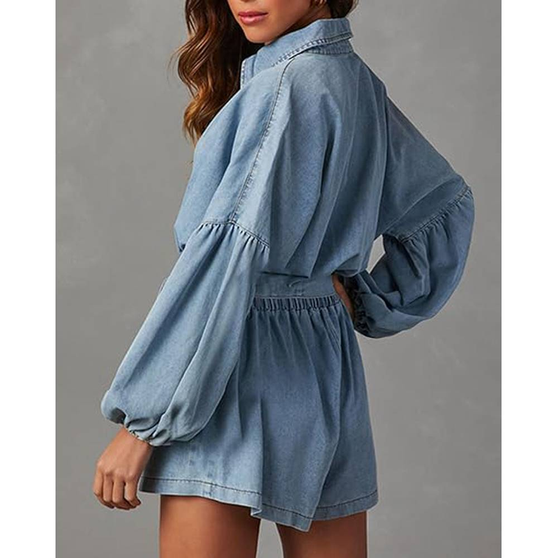 Lässiger Jeans-Overall mit Gürtel und Laternenärmeln für Damen mit Taschen_voghion.com