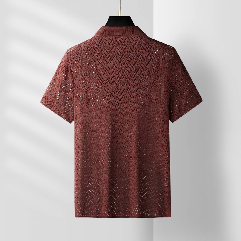 Poloshirt im Resort-Stil mit offenem Strickmuster für Herren – Atmungsaktiver Eisseidenstoff, Häkeldetails, Locker geschnittene Kurzarm-Strickjacke (Rotbraun, M/L/XL/XXL)_voghion.com