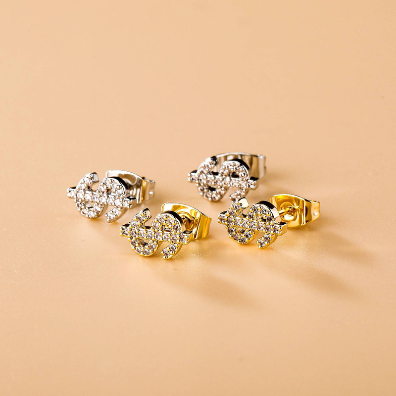Men's & Women's Jewelry Hip Hop Style Dollar Sign Stud Earrings With Cubic Zirconia - Gold & Silver Options Men And Women Fashion Earrings_voghion.com