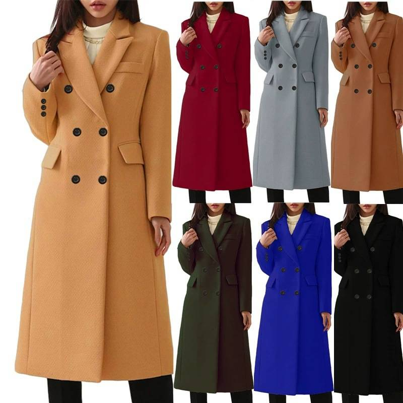 Elegant Long Wool Coat For Women - Plus Size A-line Trench Coat With Double Breasted Buttons, 7 Classic Colors, 8 Size Options_voghion.com