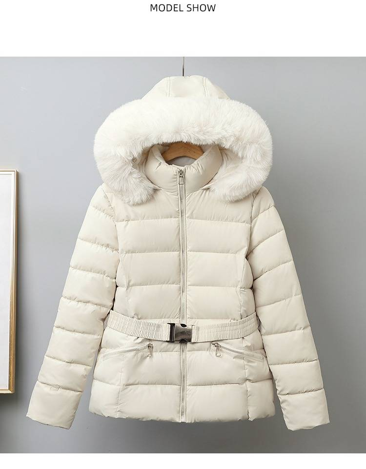 Fleecegevoerde ski-jas voor dames met riem - warme winterjas, capuchonjas met rits, dikke, geïsoleerde bovenkleding voor wintersporten_voghion.com