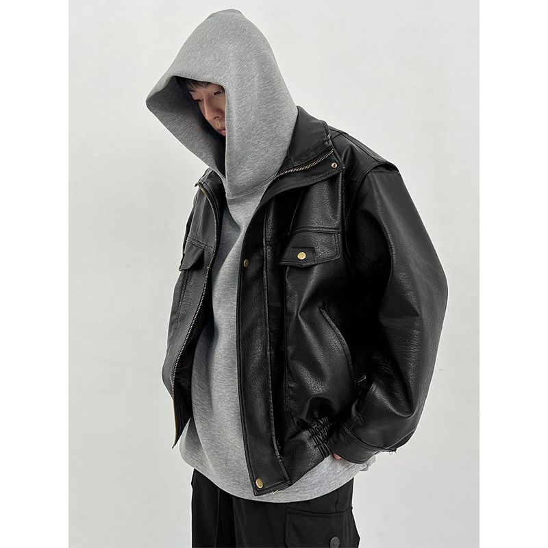 Giacca da motociclista vintage da uomo - Bomber retrò in similpelle, vestibilità ampia, finitura anticata (5 taglie, chiusura con cerniera, nero classico)_voghion.com
