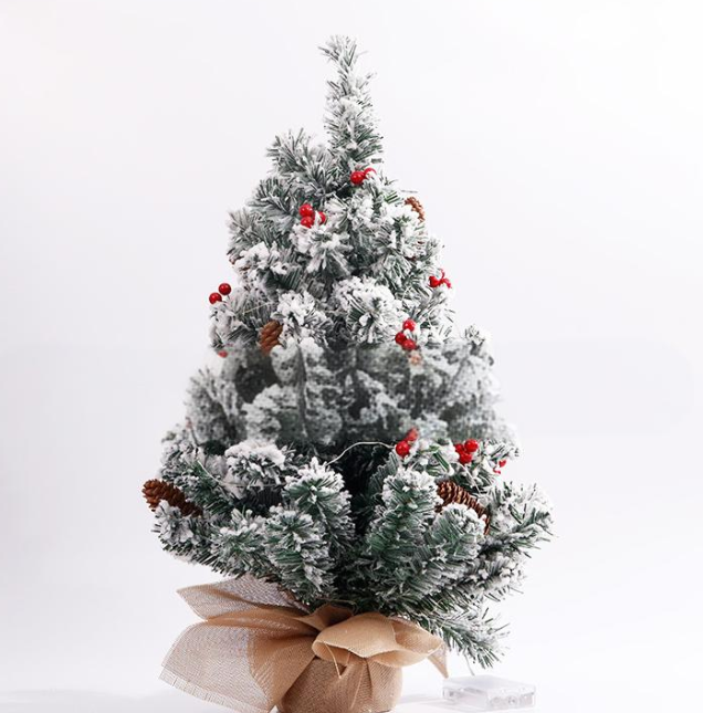 Flocked Christmas Tree Decorations With LED Lights – 50cm/55cm/60cm Mini Tabletop Tree For Holiday Home & Office Decor_voghion.com