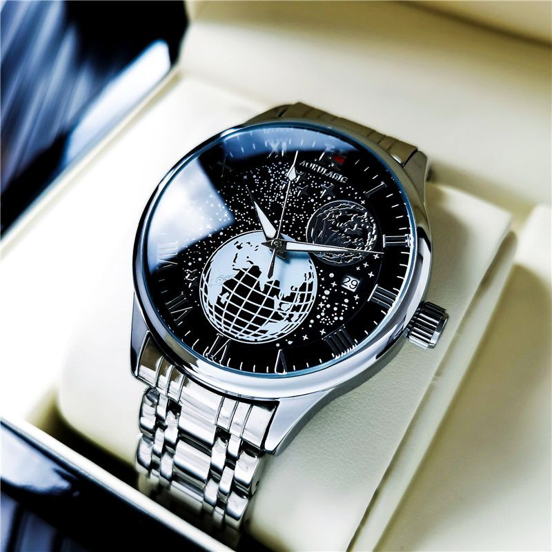 Gypsophila Hohle transparente Unterseite Vollautomatische mechanische Edelstahl-Schmetterlingsschnalle Trendige Herrenuhr_voghion.com