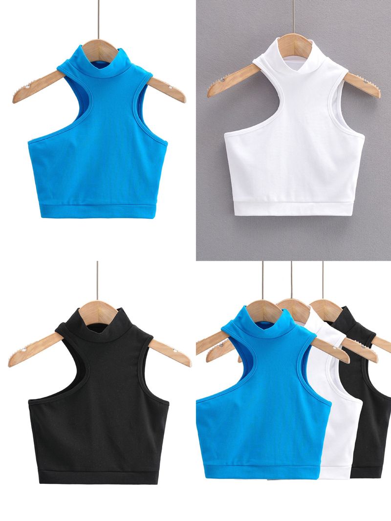 Die Racer-Tops für Kinder von Mother & Kids mit hohem Bund und unregelmäßigem, ärmellosem Neckholder und hohem Halsausschnitt sind vielseitig und trendig_voghion.com