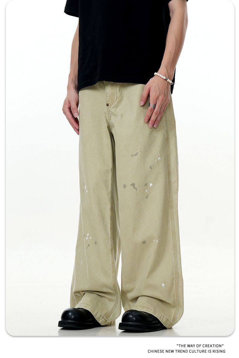 Men's Clothing Retro Ink Splashed Design Jeans Trendy Loose Straight Wide Leg Trousers_voghion.com