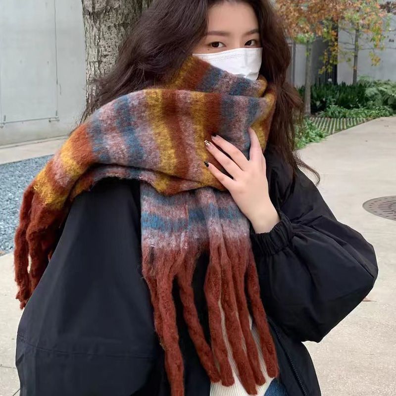 Thousand Bird Grid Scarf for Women, Autumn and New St, Student Versatile, Thickened Warm Scarf, Tassel, Winter Ins_voghion.com