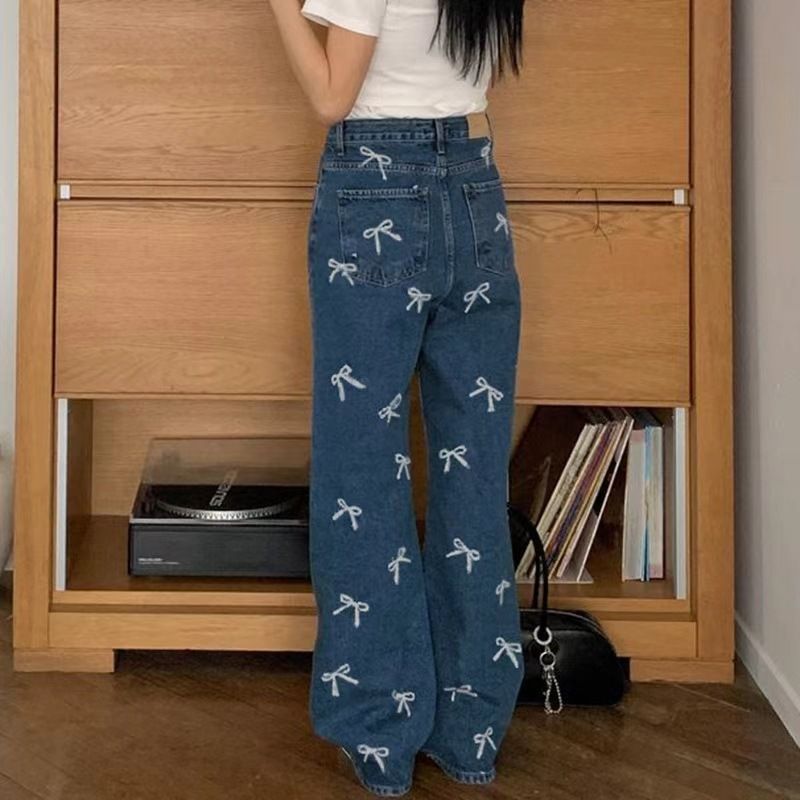 Trendy American Sweet & Spicy Style Bow-Print Loose Fit Jeans - Streetwear Casual Straight Leg Pants For Women_voghion.com