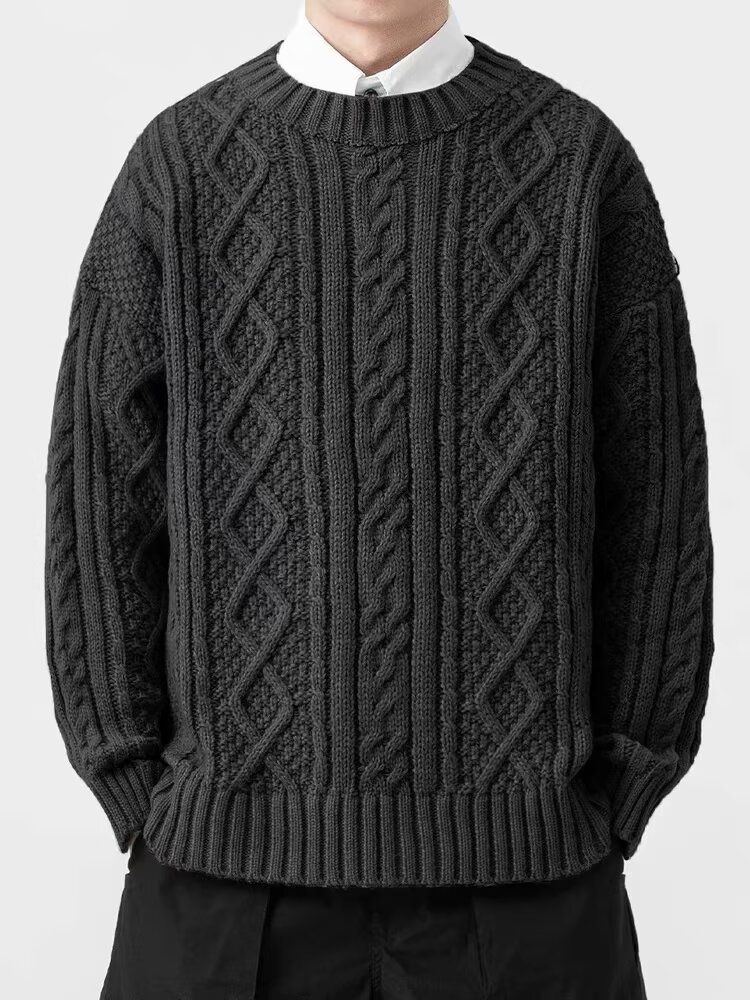 Men's Clothing Men's Cable Knit Sweater - Textured Crewneck Pullover (Black/Beige/Grey/Green, M-XXXL)_voghion.com