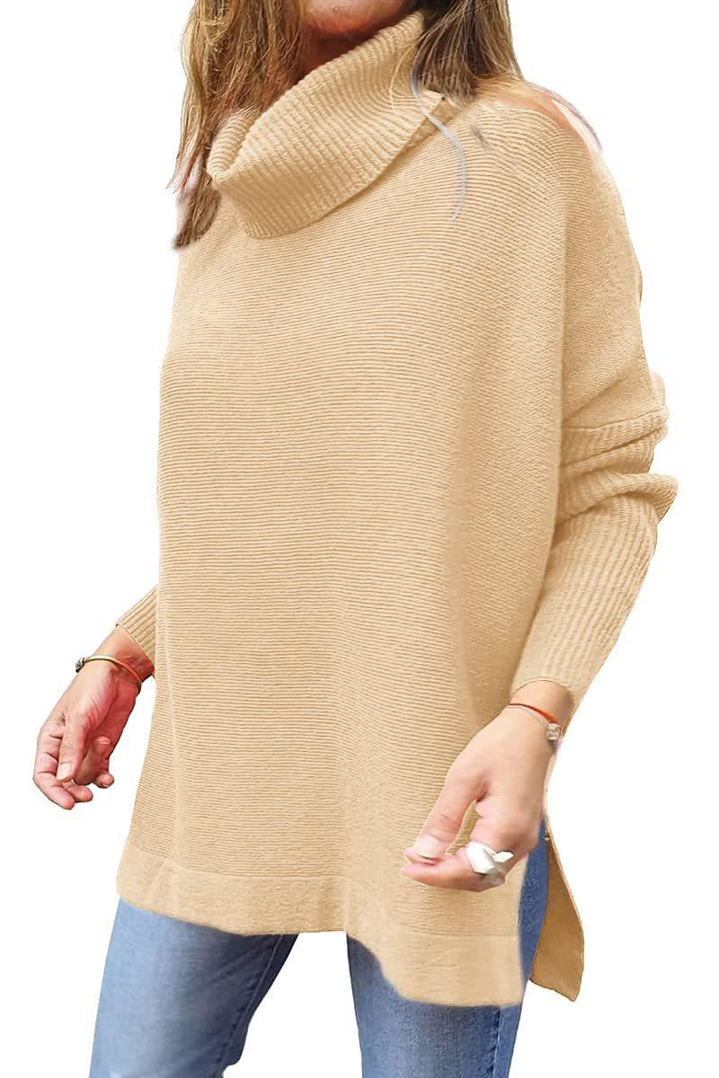 Dametrøje med høj hals, oversized pasform, mellemlang pullover med flagermusærmer, slidskant og bælte_voghion.com