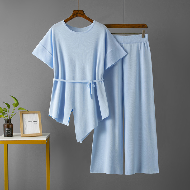 Damenbekleidung, modischer Anzug, Handelsstil, unregelmäßiger Rundhalsausschnitt, Strickoberteil, zweiteiliges Set, hohe Taille, schlanke Hose mit weitem Bein_voghion.com