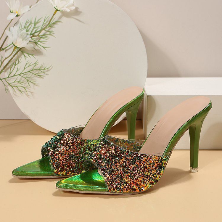 Sequin Pointed High Heel Open Toe Mules For Women Sexy Stiletto Fashion Sandals_voghion.com