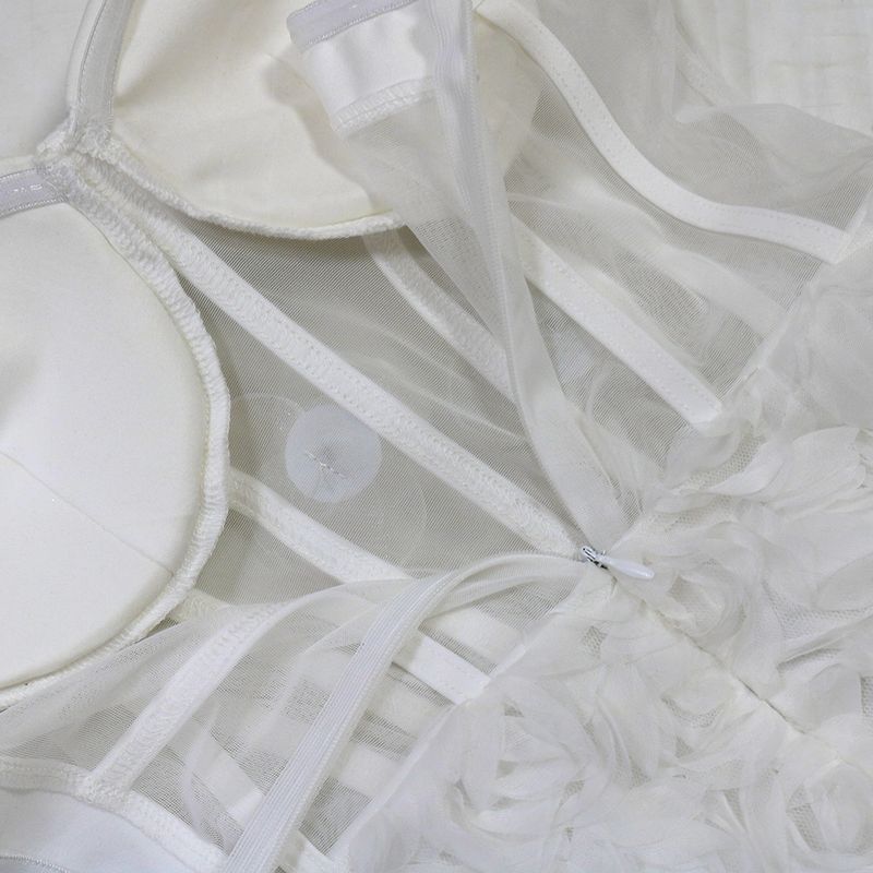 Abito aderente senza spalline da donna, sexy, in rete trasparente con applicazioni floreali 3D_voghion.com