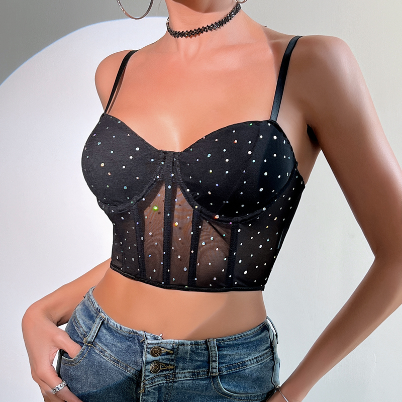 Women's Sexy Clubwear Sequin Bustier Top - Boned Underwire Push Up Crop Top With Sheer Mesh Bodycon Glitter Party Vest For Women_voghion.com