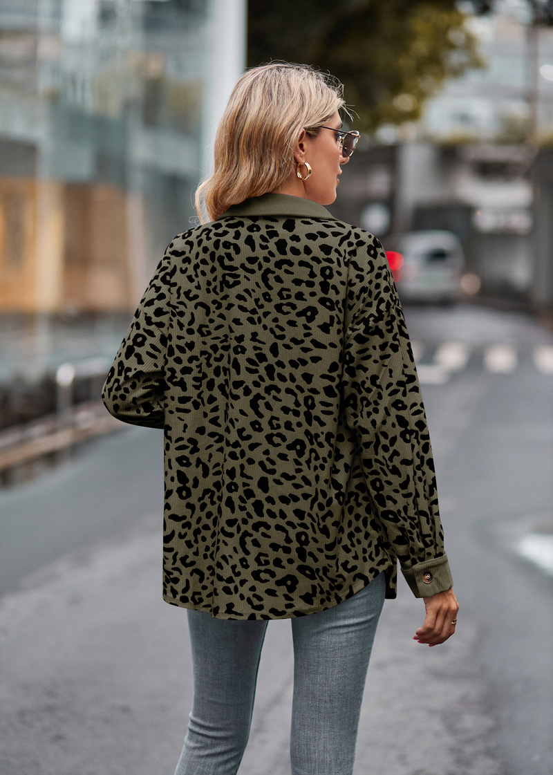 Damenbekleidung Leopardenmuster Knopf Langarm Jacke Hemd Mantel_voghion.com
