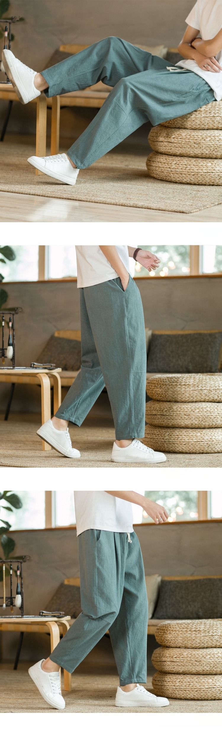 Pantaloni larghi leggeri da uomo in stile pendolare coreano, design corto con elastico in vita per un utilizzo versatile_voghion.com