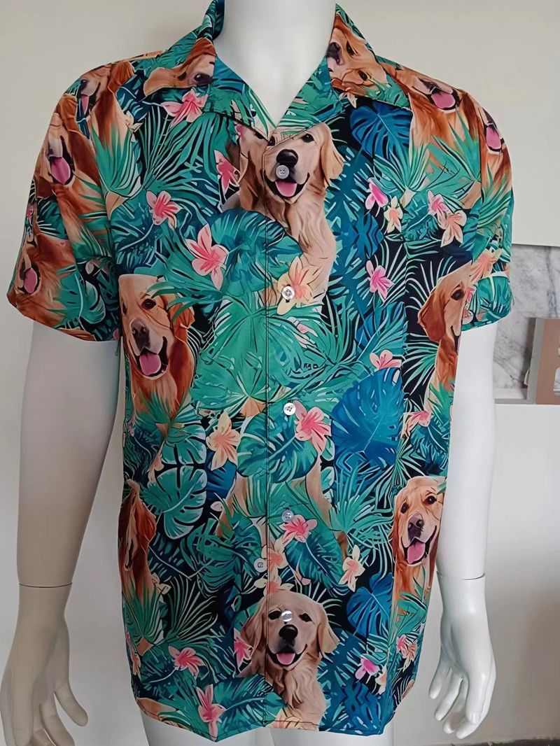 Lockeres Freizeithemd im 3D-Digitaldruck mit Golden Retriever-Motiv im Strandurlaubsstil für Herren_voghion.com