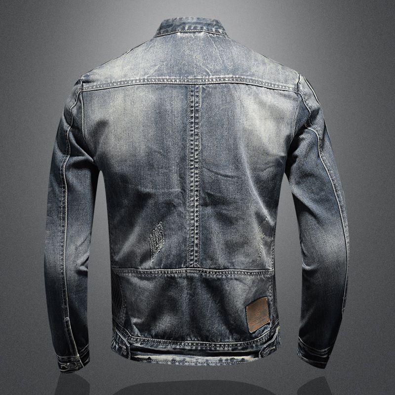 Veste de moto en jean pour homme, décontractée et polyvalente, à col montant et fermeture éclair, idéale pour toutes les saisons_voghion.com