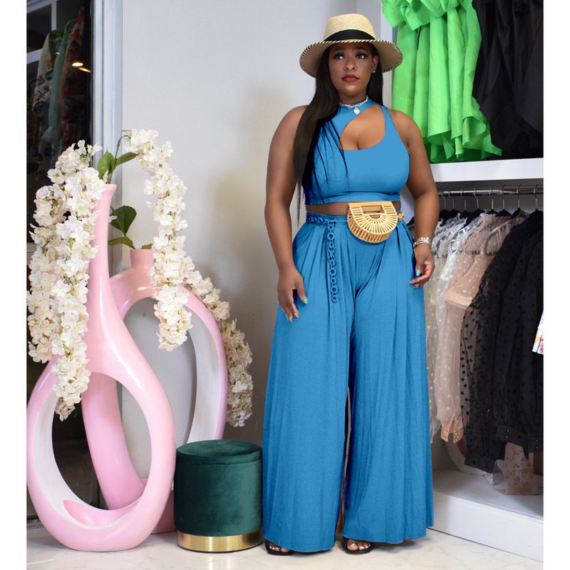 plus size women's sexy vest wide leg two-piece set solid color casual suit_voghion.com