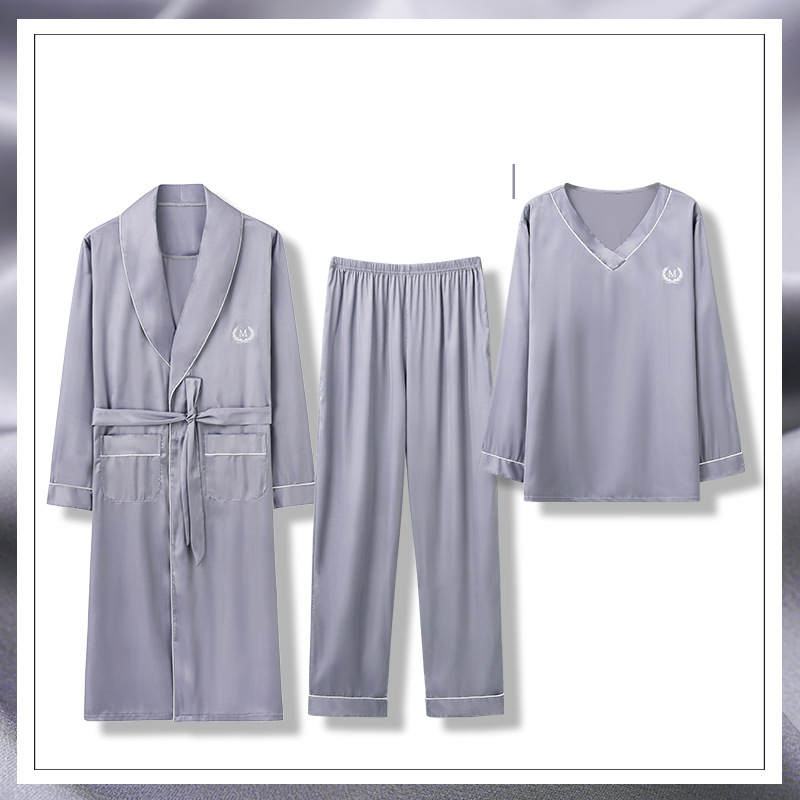 Men's Pajamas Men's Spring and Autumn Style Ice Silk Long Sleeve Three-piece Set Loose Large Size Simulation Silk Home Clothes Nightgown_voghion.com