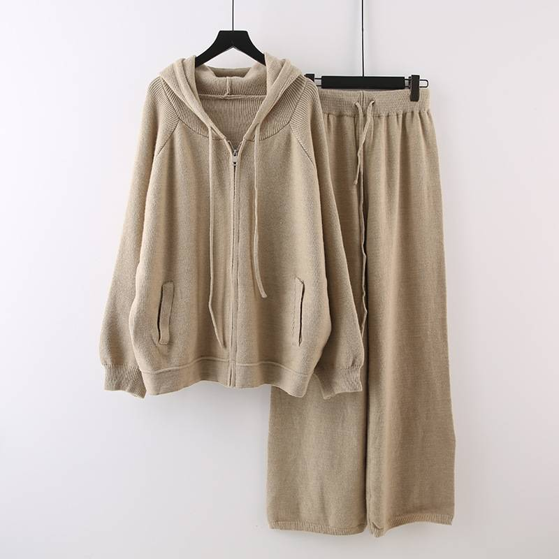Women's Clothing Korean Lazy Style Large Size Slim Suit Loose Hooded Sweater Jacket Women's Autumn And Winter Wide Leg Pants Two Piece Suit_voghion.com