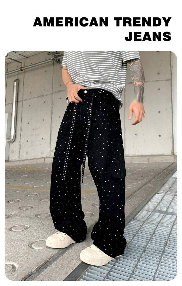 American Trendy Brand Street Jeans For Spring And Summer, With A Simple Youth College Style And Beaded And Diamond Ironed Jeans_voghion.com